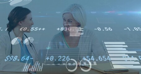 Discussing doctor in white coat and patient in light sweater reviewing laptop in clinic, overlays