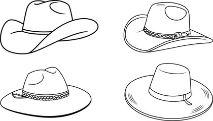 Set of four cowboy hat outlines — black and white western line art for country design, coloring, and logo ideas