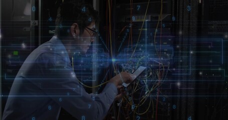 Fixing Korean tech checking rack cables in server room, holding phone, in light shirt, copy space