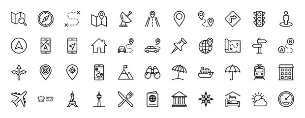 Travel and navigation line icon set. Vector pictograms of map pins, compass, routes, vehicles, landmarks, luggage, and weather, thin linear illustration.
