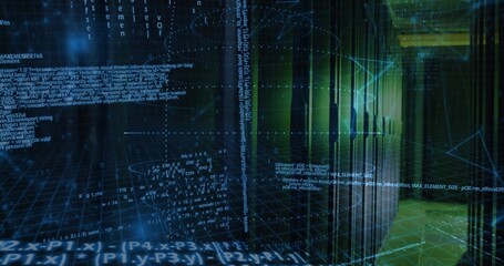 Streaming translucent 3D grid and glowing code across data center corridor, with server racks