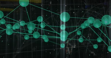 Forming teal network of spherical nodes and thin lines in dim exhibit space, featuring panels