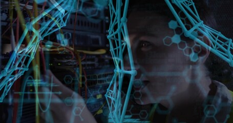 Checking female tech adjusting server rack at data center, wearing dark top, LED lights, copy space