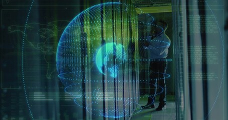 Inspecting tech in light shirt checking server racks in datacenter with hologram globe, copy space