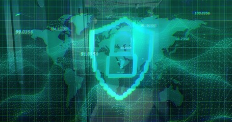 Showing pixelated shield with four-pane on cyber UI, displaying world map grid numeric labels