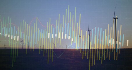 Obraz premium Displaying row of modern wind turbines standing silhouetted in field at sunset, with data overlay