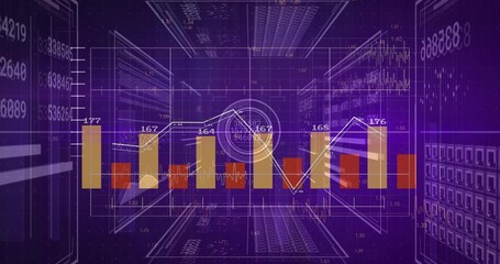 Showing centered chart forming corridor in purple HUD, with vertical bars, white line, magnifier © vectorfusionart