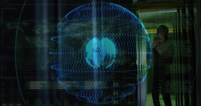 Projecting holographic 3D globe spinning in dark demo room, with woman in jacket holding smartphone - Powered by Adobe