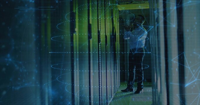 Checking tech wearing white shirt with tablet, leaning by racks with LEDs and overlays, copy space