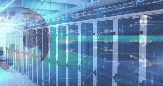 Row of server cabinets stretching down modern data center corridor, with globe and binary overlays