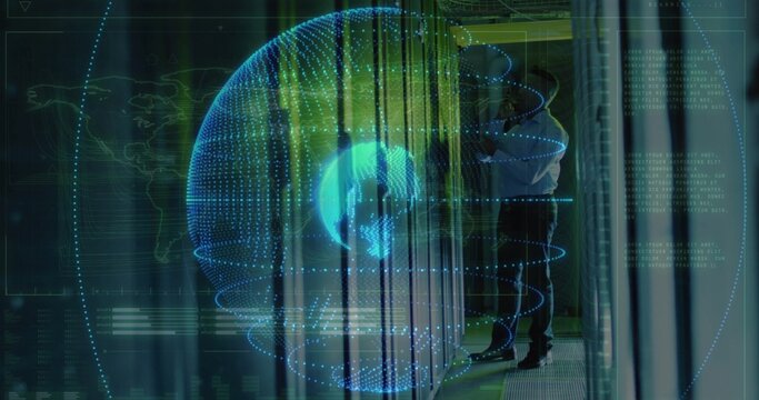 Inspecting tech in light shirt checking server racks in datacenter with hologram globe, copy space