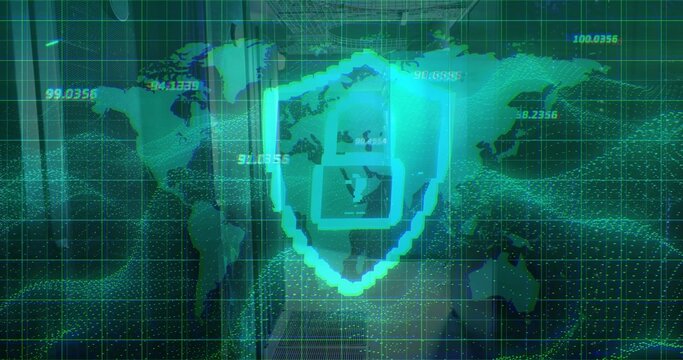 Showing pixelated shield with four-pane on cyber UI, displaying world map grid numeric labels