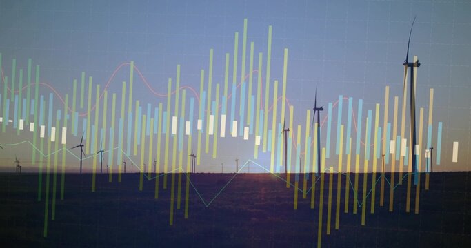 Displaying row of modern wind turbines standing silhouetted in field at sunset, with data overlay - Powered by Adobe