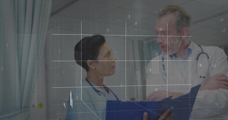 Reviewing blue folder, nurse in scrubs pointing, doctor in labcoat listening in ward, digital grid