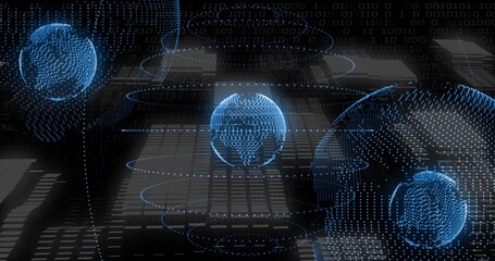 Floating blue dotted wireframe globe hovering over glossy grid plane, with binary streams and rings