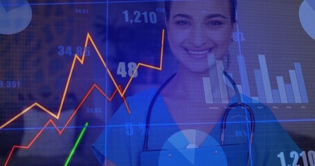 Smiling nurse in blue scrubs and stethoscope holding clipboard in clinic portrait showing analytics