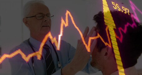Examining clinician doing head exam on patient in clinic, wearing tie, stethoscope, stock 58 © vectorfusionart