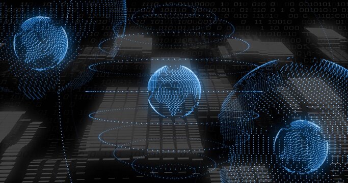 Floating blue dotted wireframe globe hovering over glossy grid plane, with binary streams and rings