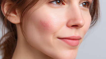 Obraz premium Close up of faint redness patch on upper cheek, warm and soft skin, young woman, natural beauty, healthy complexion, subtle irritation, gentle expression