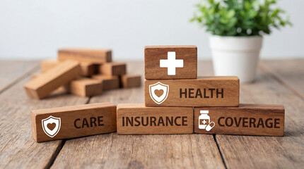 Wooden blocks displaying health icons for medical insurance concept