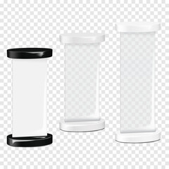 Blank vertical double-sided advertising sign with heavy base. White and clear. 3d vector mockup set. Opaque and transparent floor poster display stand. Realistic mock-up. Template for design