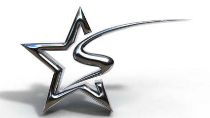 3D Chrome Shooting Star Icon – Glossy Silver Metallic Outline with Futuristic Reflective Tail, Polished Abstract Star Shape, Modern Metallic Design Element