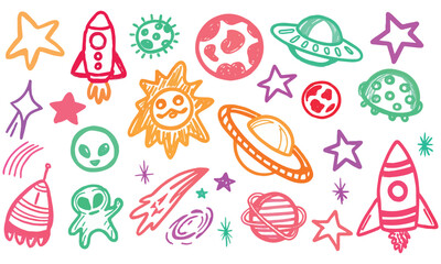 Bright and playful hand-drawn space doodle clipart set featuring colorful rockets, UFOs, aliens, planets, stars, and suns — perfect for kids’ projects, printable art, and digital designs.