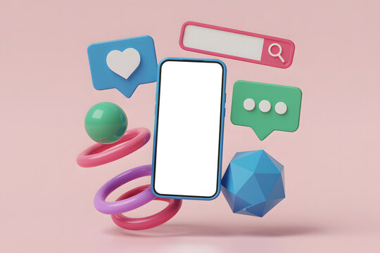3D Render of a Smartphone Surrounded by Social Media Icons and Geometric Shapes - Powered by Adobe