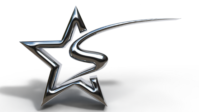 3D Chrome Shooting Star Icon – Glossy Silver Metallic Outline with Futuristic Reflective Tail, Polished Abstract Star Shape, Modern Metallic Design Element