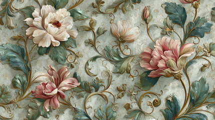 A close-up view of an intricate floral pattern, showing various blooming flowers and foliage