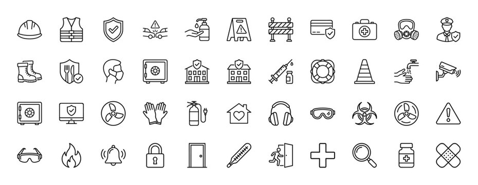 Safety and security line icon set. Vector pictograms of hard hat, hand sanitizer, life vest, face mask, gas mask, fire extinguisher, first aid kit, alarm bell, and padlock, thin linear illustration. - Powered by Adobe