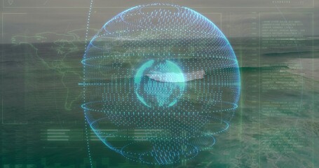 Floating holographic globe showing inner continents and dotted spiral rings over ocean, with HUD