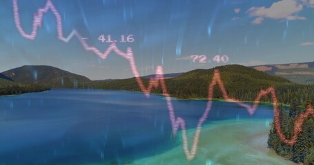 Fototapeta premium Displaying centered turquoise lake from above, wooded hills and pink or red line labeled 41