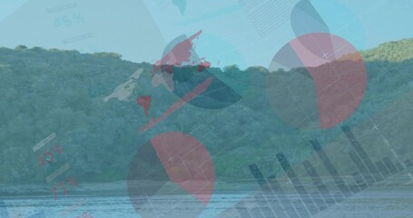 Obraz premium Blending riverside and forested ridge with translucent pie charts, bar chart, world map overlays