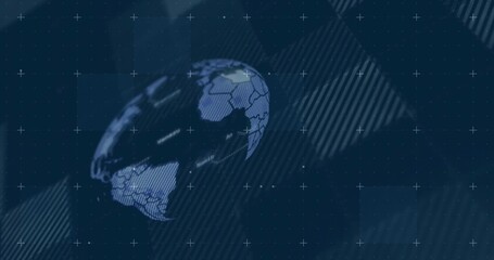 Obraz premium Rotating stylish globe showing hex overlay and map labels in broadcast UI, dotted grid, crosshairs