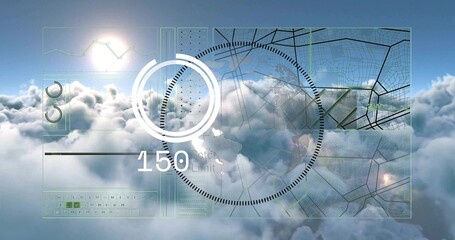Displaying translucent HUD overlay over clouds at high altitude, with radial gauge, readout 150