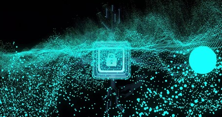 Pulsing microchip projecting neon cyan circuit traces across cyber void, showing padlock and sphere