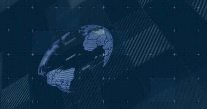 Rotating stylish globe showing hex overlay and map labels in broadcast UI, dotted grid, crosshairs