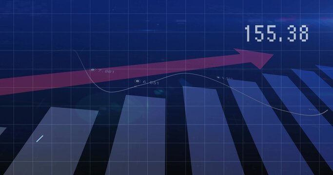 Displaying stylized financial chart on digital dashboard, showing blue bars, magenta arrow, 155