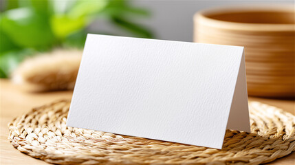 Folded blank card standing on woven natural mat with soft home décor elements, creating warm minimalist scene for branding, invitation or handmade product presentation with calm cozy mood.