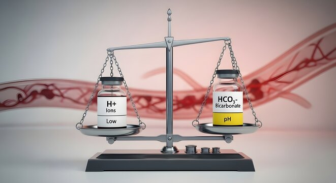 Acid-Base Balance Concept &ndash; Blood pH Regulation H+ Ions vs Bicarbonate Medical 3D Illustration