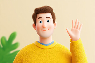 3D cartoon man with friendly smile waving his hand against a soft pastel background, symbolizing greeting, communication and positive connection in modern digital illustration.