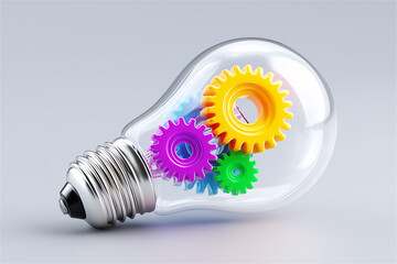 Transparent light bulb filled with colorful gears symbolizing creativity, innovation, engineering and problem-solving in modern conceptual design.