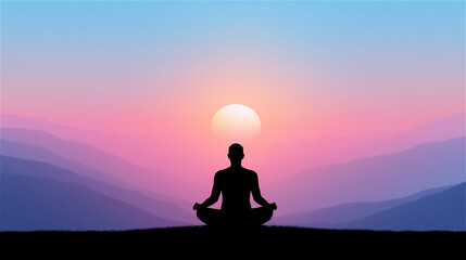 Silhouette of a person meditating at sunset over layered mountains, expressing peace, mindfulness and spiritual calm in serene nature.