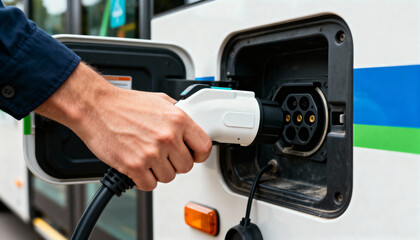A hand inserts a charging plug into the socket of a large electric vehicle, promoting green energy and eco-friendly transport.