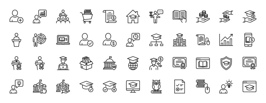 Education and financial aid line icon set. Vector pictograms of graduation caps, students, diplomas, university buildings, books, and online learning concepts, thin linear illustration.