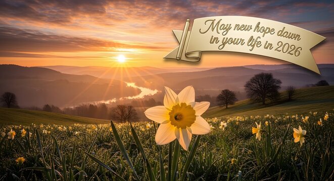 Sunrise over daffodil field with hopeful message for 2026