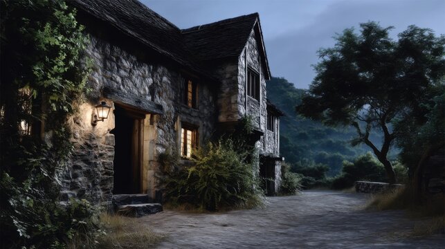 Lonely medieval stone house at night, dirt road in front of the building, forest in the background, ivy and plants growing around the buildings.