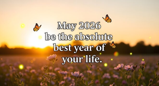 May 2026 inspirational message with butterflies and sunset field
