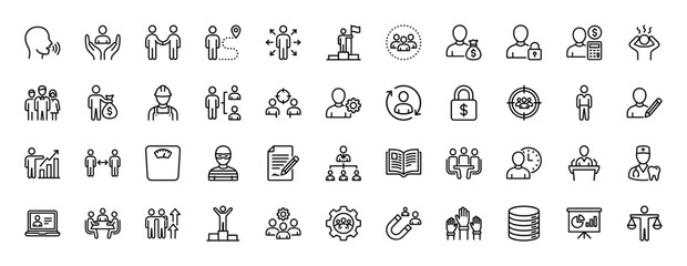 Business and people management line icon set. Vector pictograms of teamwork, finance, growth, communication, leadership, and strategy, thin linear illustration.